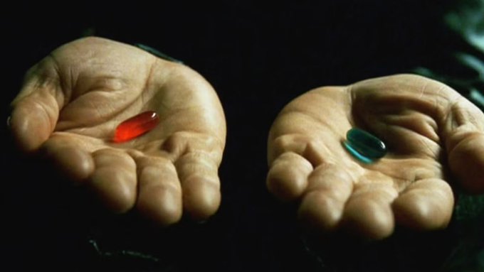 Two weathered hands present a choice between a red pill and a blue pill, iconic imagery from *The Matrix* symbolizing the decision between uncomfortable truth and comfortable illusion. The post uses this metaphor to question whether crypto investors ($BTC, $ETH, $HYPE) are ready to confront the reality of the market after a recent downturn, or if they're still in denial about the situation.