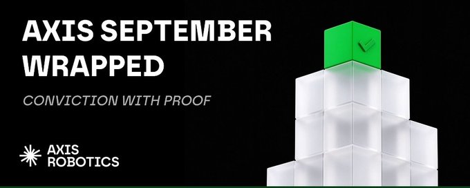 A promotional graphic for 'AXIS ROBOTICS' reads 'AXIS SEPTEMBER WRAPPED' and 'CONVICTION WITH PROOF' next to a tower of translucent cubes topped with a green cube bearing a checkmark.