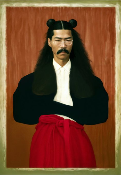 A classical-style portrait of a man with long dark hair, a mustache, glasses, and two small buns, wearing a dark robe with a red sash against a red background.