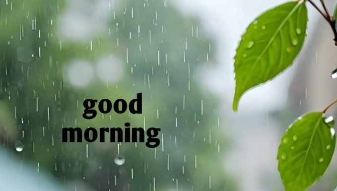 Green leaves with water droplets are visible against a rainy, blurred background, with the text "good morning" in the center.