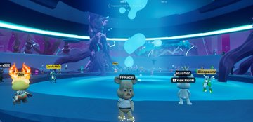 An avatar, presumably BadTedYC, is captured upside down in a vibrant, neon-lit virtual world with floating panels reading "MARS" and "Dinoland," showcasing gameplay from the OthersideMeta platform. The upside-down perspective and futuristic setting reflect the immersive, playful environment highlighted in the post about a game session with MarsCatsVoyage and others.