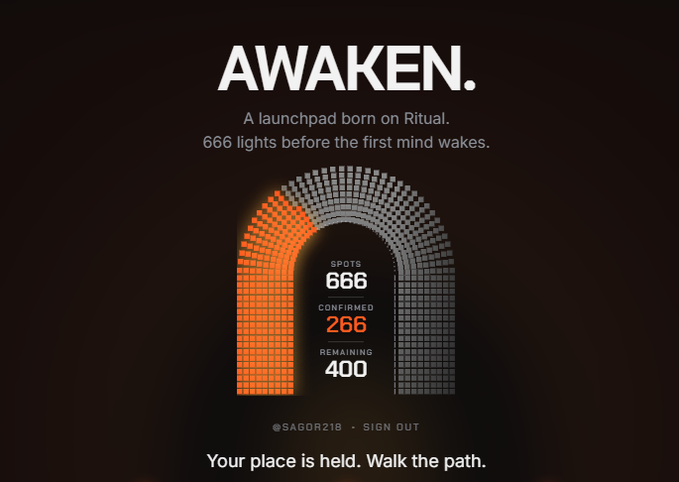 A dark-themed launchpad page titled 'AWAKEN.' from Ritual, displaying a progress meter showing 666 spots total, 266 confirmed, and 400 remaining, with the tagline '666 lights before the first mind wakes' and the message 'Your place is held. Walk the path.'
