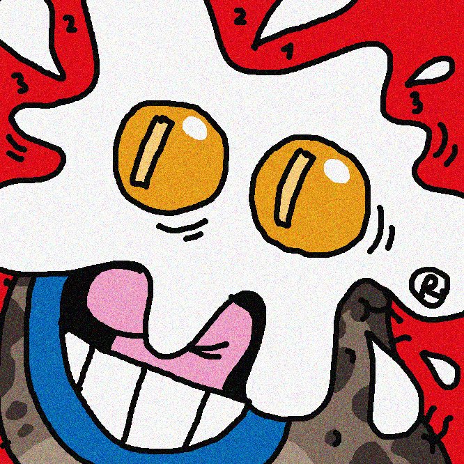 A colorful pop-art style illustration of a smiling white character with yellow oval eyes, surrounded by a red background with white splash shapes and a registered trademark symbol '®'.