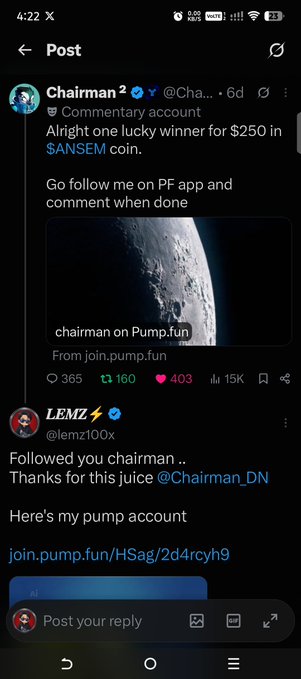 A user comments on Chairman's post about a $250 $SANSEM coin giveaway, sharing their pump.fun account link (join.pump.fun/HSag/2d4rcyh9) as proof they followed him, hoping to win while joking about "bagworking."