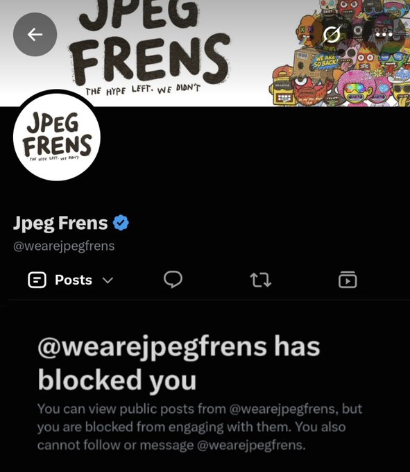A screenshot of Twitter/X showing the profile page of 'Jpeg Frens (@wearejpegfrens)' with a verified checkmark and a message stating '@wearejpegfrens has blocked you'.