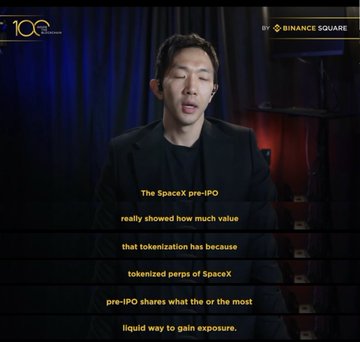A video thumbnail featuring a man in a dark jacket speaking against a backdrop of curtains, with subtitles reading 'The SpaceX pre-IPO really showed how much value that tokenization has because tokenized perps of SpaceX pre-IPO shares what the or the most liquid way to gain exposure,' with '100x' and 'BINANCE SQUARE' logos in the corners.