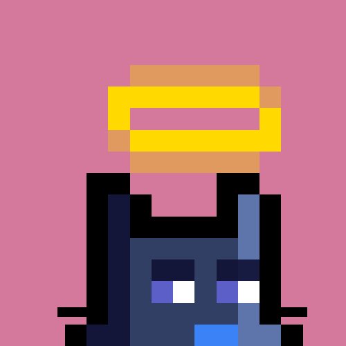 A pixel-art character with a black, purple, and blue body, green eyes, and a bright yellow-and-orange blocky headpiece on a pink background.