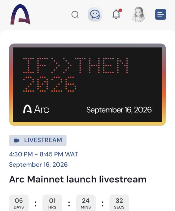 A mobile app interface for Arc displaying a 'DEVTHEM 2026' livestream event on September 16, 2026, with a countdown timer showing 5 days, 1 hour, 24 minutes, 32 seconds remaining.