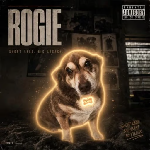 An album cover titled 'ROGIE - Short Legs, Big Legacy' featuring a dachshund dog outlined in glowing yellow light with a Parental Advisory label.