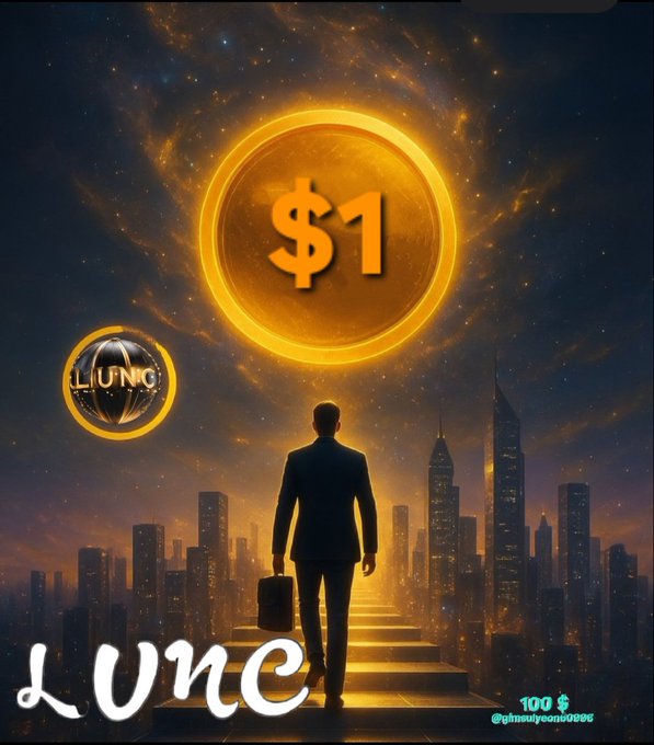 A silhouetted figure holding a briefcase stands before a glowing "LUNC" coin marked "$1," with steps ascending toward it above a cityscape, symbolizing the aspirational path to LUNA Classic recovering to one dollar. The accompanying text reinforces this imagery by referencing patience, accumulation, and the cautious journey required to reach that "$1" milestone.