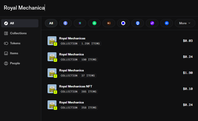 The image shows a search result page on OpenSea for "Royal Mechanica," displaying multiple collections with various item counts (1.29K, 190, 37, 285, 258) and floor prices ranging from $0.03 to $1.90. The post mentions that "All" collections have been removed, suggesting these remaining "Royal Mechanica" listings may be unverified or unrelated collections that survived the removal process.