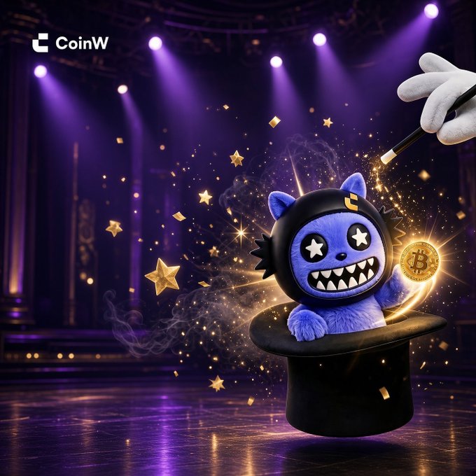A furry blue CoinW mascot emerges from a magician's top hat with a sparkling Bitcoin coin, under dramatic purple stage spotlights. The image ties to the post by visually representing the "miracle" of crypto rewards being conjured up, with the Bitcoin symbol highlighting the magical moment of receiving prizes.
