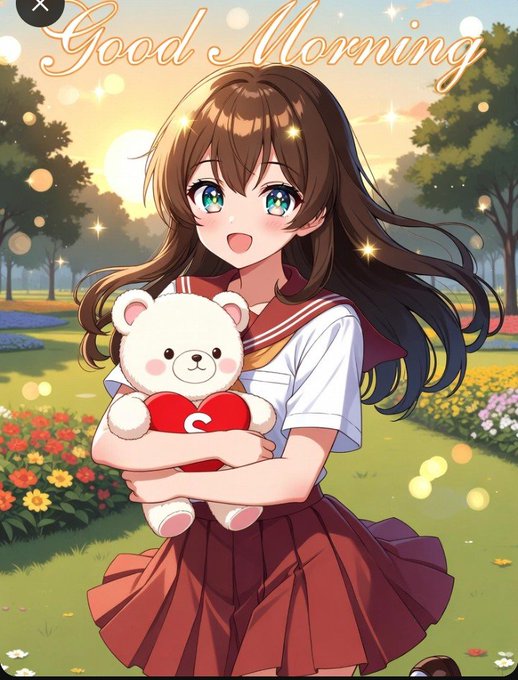 The image features a girl with long brown hair holding a white teddy bear, both of them standing against a backdrop of trees and flowers. The girl appears to be dressed as a fairy or legend, wearing a red skirt and a white shirt. The background is filled with various types of flowers and trees, creating a beautiful and vibrant scene. The image also includes the text "Good morning" written in an orange font at the top, which adds a warm and welcoming tone to the overall composition.