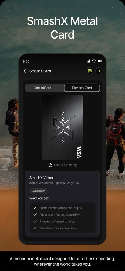 A promotional image for the SmashX Metal Card, a Visa-issued virtual and physical card, with text reading 'A premium metal card designed for effortless spending, wherever the world takes you.'