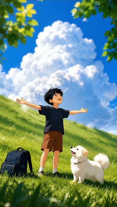 A cheerful anime-style boy stands on a grassy hill with arms outstretched under a bright blue sky with fluffy clouds, accompanied by a small white dog and a backpack beside him. The image's theme of anticipation and looking toward the sky mirrors the post's hopeful sentiment about waiting for upcoming token launches like $INK and $BASE on the Base ecosystem.