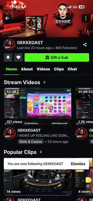 A screenshot of a Twitch channel page for 'GEKKEGAST' displaying 460 followers, with a 'Gift a Sub' button and sections for Stream Videos and Popular Clips.