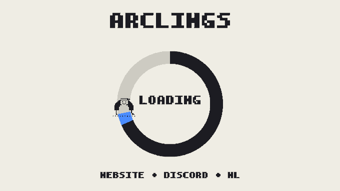 A pixel-art style loading screen for 'ARCLINKS' displays a circular progress bar with a cartoon character and the text 'LOADING', alongside 'WEBSITE • DISCORD • ML'.