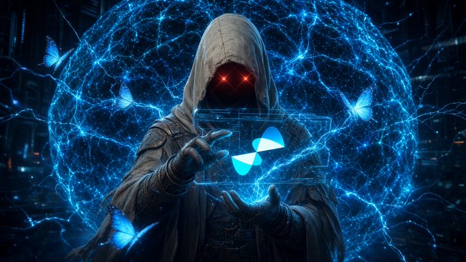 A hooded figure with glowing red eyes conjures a holographic butterfly emblem within a sphere of electric blue energy, surrounded by glowing butterflies. The mysterious, mystical imagery reflects the post's theme of awakening a node and tapping into new computational power, with the butterflies symbolizing the smooth, bug-free performance of the updated manager.