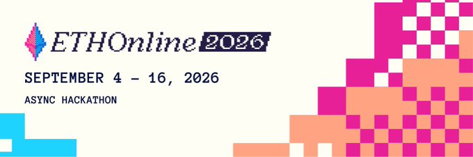 A promotional banner for 'ETHOnline 2026' announcing an async hackathon from September 4-16, 2026, featuring an Ethereum logo and pixelated pink graphics.