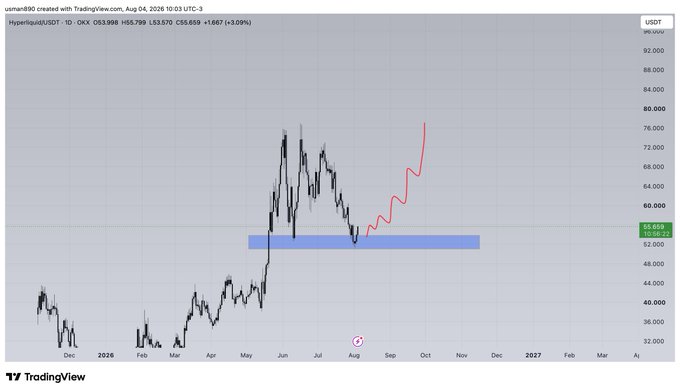 The image is a TradingView daily candlestick chart for Hyperliquid (HYPE/USDT) on OKX, showing a price bounce off a highlighted blue support zone around $52-53 and a projected continued rally (illustrated by the red arrow) toward $76-77. This visualizes the post's bullish thesis that $HYPE will bounce from current support rather than fall to the $40 level.