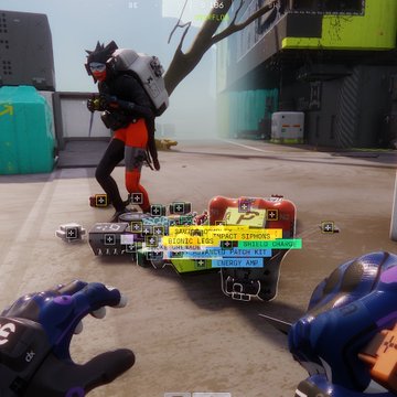 A first-person perspective from a video game shows the player holding dual purple and blue weapons aimed at an enemy character in black and red attire, with HUD elements displaying numbers like '220', '166', '46', and text such as 'THISISCALYP50', 'TMCT 82770RS', 'HORIZONSUNCATCH KIT', and 'TENT AND'.