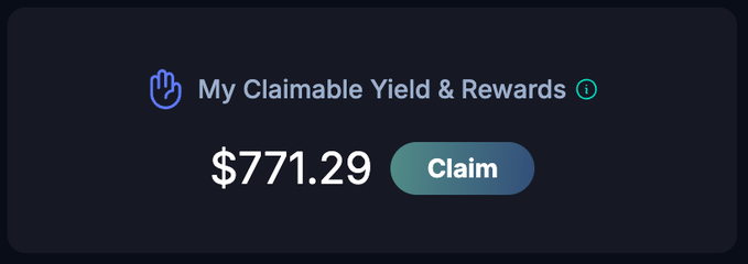 A dark UI panel displaying 'My Claimable Yield & Rewards' showing a balance of $771.29 with a 'Claim' button.
