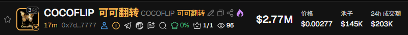 A cryptocurrency token info bar for COCOFLIP (可可翻转) showing a market cap of $2.77M, price of $0.00277, liquidity of $145K, and 24h volume of $203K.