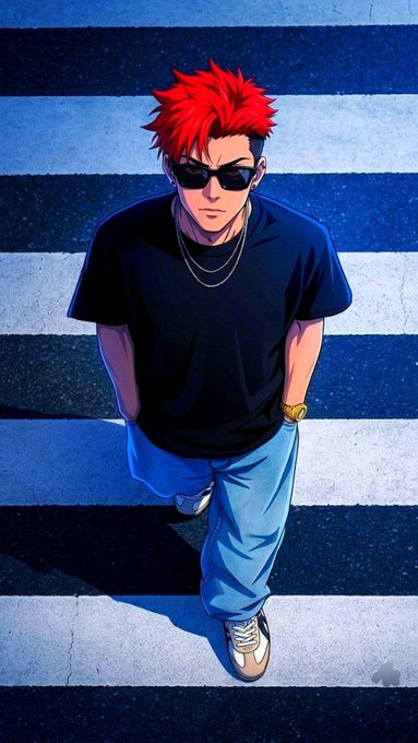 An anime-style illustration of a young man with spiky red hair, sunglasses, a black t-shirt, and jeans walking across a crosswalk.