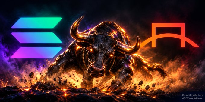A digital artwork showing a fiery bull charging through smoke, with the Solana logo on the left, the XRP logo on the right, and watermarks for X.com/CryptoCurb and #DFDcontributor.