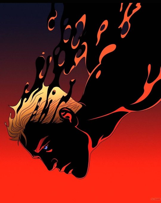 A stylized illustration of a man's profile with his head engulfed in black and orange flames against a dark red gradient background.