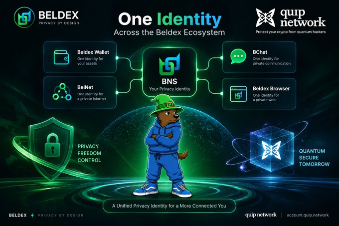 A promotional graphic for 'BELDEX' and 'QUIP network' advertising 'One Identity Across the Beldex Ecosystem' with BNS central and a bear mascot wearing green and blue.