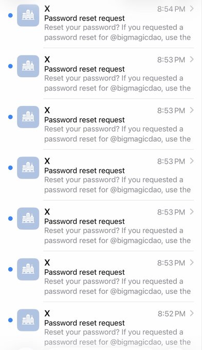 A mobile phone notification list showing seven repeated "X Password reset request" notifications for the account @bigmagicdao, sent between 8:52 PM and 8:54 PM.