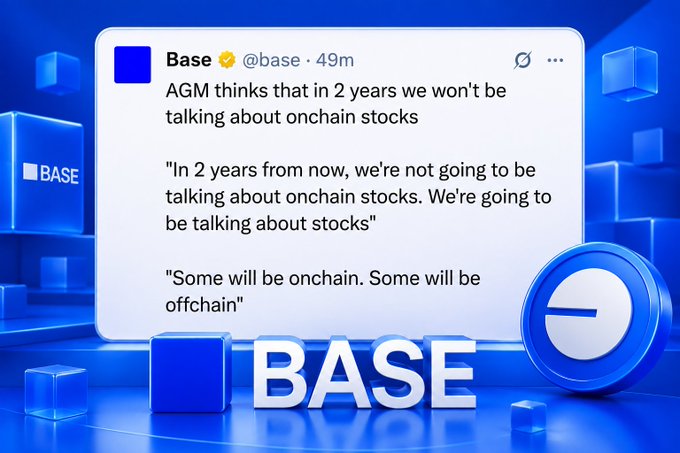 A graphic featuring a tweet from Base (@base) stating 'AGM thinks that in 2 years we won't be talking about onchain stocks,' with quotes about stocks being onchain and offchain, set against a blue Base branding background.