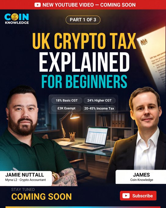 A YouTube thumbnail for 'Coin Knowledge' titled 'UK Crypto Tax Explained for Beginners' featuring Jamie Nuttall and James.