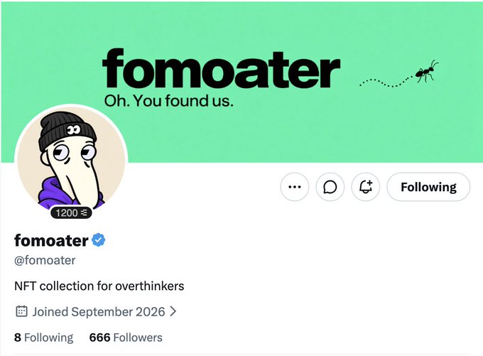 A screenshot of the Twitter profile for "fomoater" (@fomoater), an NFT collection for overthinkers, displaying 666 followers, 1200 emoji reactions, and a "Following" status. The profile's ant mascot and tagline "Oh. You found us." align with the post's promotion of a free mint with 3,333 supply and upcoming collaborations teased by @breyonchain.