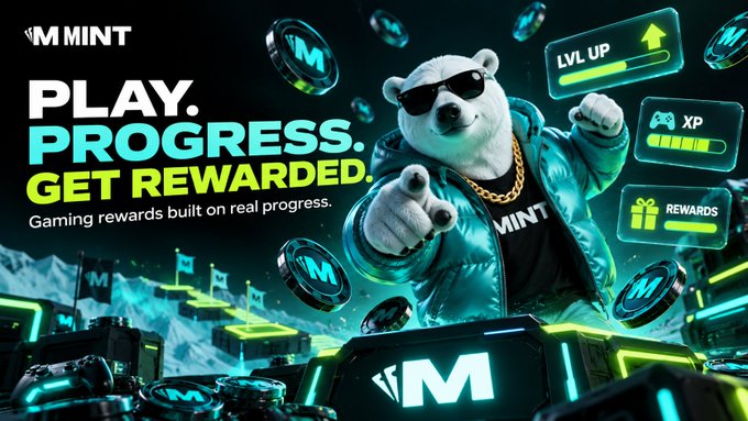 An advertisement for "M MINT" features a polar bear mascot wearing sunglasses and a gold chain, surrounded by floating coins and text reading "PLAY. PROGRESS. GET REWARDED."
