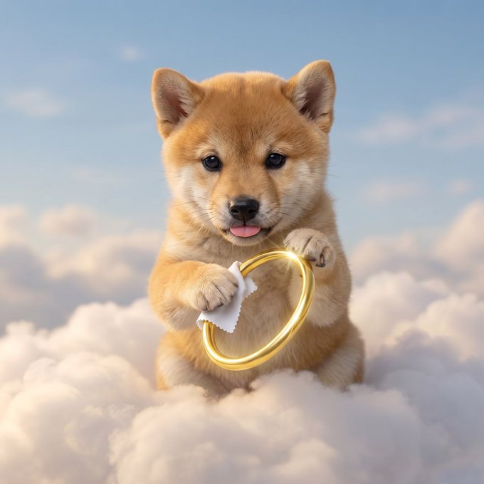 An adorable Shiba Inu puppy sits in fluffy clouds against a blue sky, holding a golden ring in its paws with a white cloth, mimicking a "putting on the ring" pose. The image plays on the classic Shiba Inu "ring" meme, tying into the cryptocurrency giveaway theme of the post to attract engagement from followers in the crypto community.