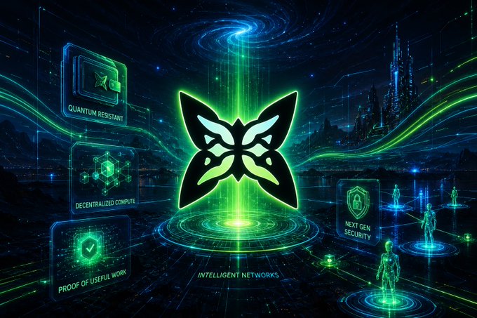 The image features a futuristic scene with a large green butterfly-like symbol at its center, surrounded by various icons representing different aspects of intelligence networks or block space optimization. The butterfly symbolizes the concept of intelligent networks, while the surrounding icons represent different strategies for optimizing block space and TPS (time-sharing system). The post emphasizes the importance of intelligent networks in today's world, drawing attention to the ongoing efforts to improve efficiency and security within these systems.