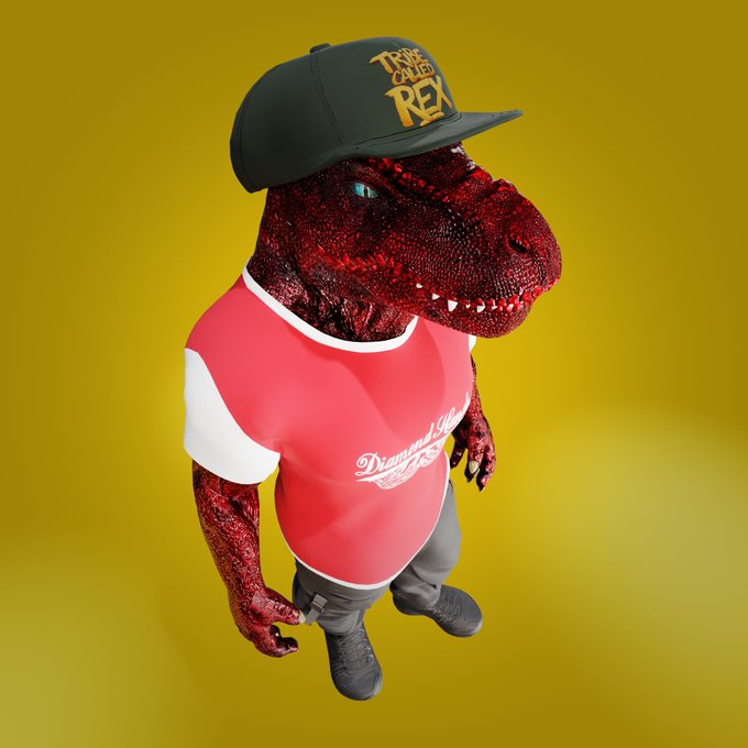 A 3D-rendered red T-Rex wearing a black cap that says "Tribe Called Rex," a red and white "Diamond Hands" shirt, and gray pants, standing against a yellow background.