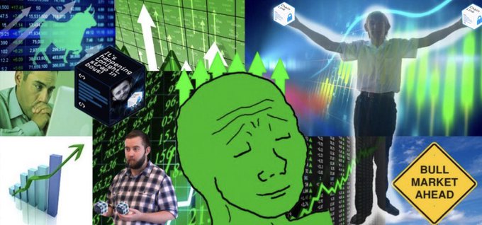 A 'wojak' meme-style collage combining stock market imagery, upward arrows, a crying wojak face, and a 'BULL MARKET AHEAD' road sign.