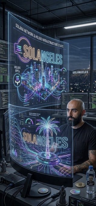 A bearded man sits at a futuristic workstation with a curved monitor displaying neon graphics that read "SOLANA NETWORK & HELIUS INFRASTRUCTURE STATE" and "SOLANGELES," featuring a Helius RPCs logo.