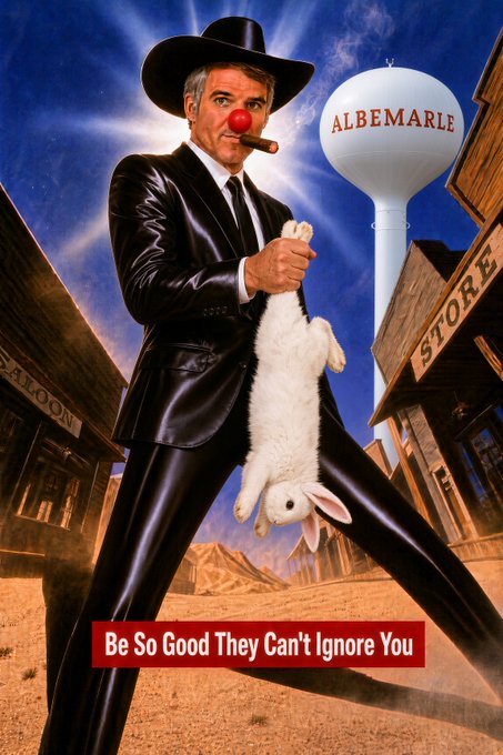 A stylized image featuring a man in a black leather suit and cowboy hat with a red clown nose, holding a cigar and a white rabbit, standing in a Western town setting with an 'ALBEMARLE' water tower and the caption 'Be So Good They Can't Ignore You'.