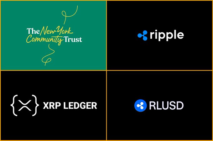 The image displays four logos: "The New York Community Trust," "ripple," "{X} XRP LEDGER," and "RLUSD." These correspond to the post's announcement about BNY Mellon serving as the primary custodian for Ripple's RLUSD stablecoin reserves, which operates on the XRP Ledger under a New York trust structure.