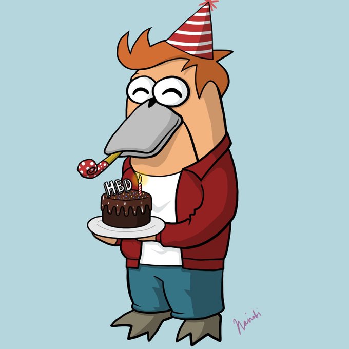 The image features a cartoon character, possibly a dog or a bird, wearing a party hat and holding a birthday cake with candles. The character appears to be celebrating their birthday, as indicated by the presence of the candles on the cake. The caption "it happened again" suggests that this is a repeated event in the post's content.