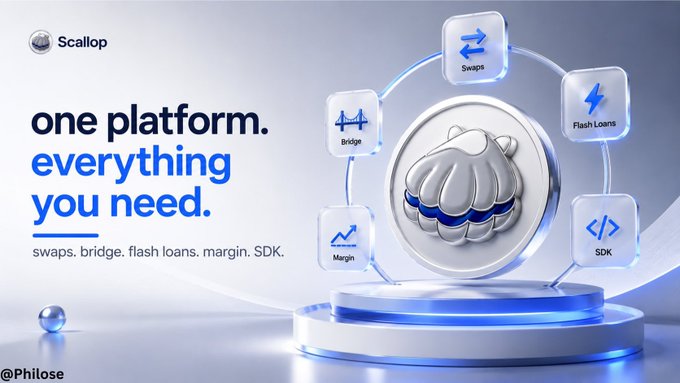 A promotional graphic for Scallop, a DeFi platform, advertising 'one platform. everything you need.' with features including Swaps, Bridge, Flash Loans, Margin, and SDK, credited to @Philose.