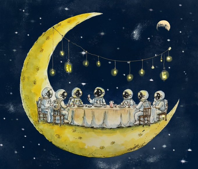 A whimsical watercolor illustration of astronauts in spacesuits having a dinner party seated around a table set on a crescent moon, decorated with hanging glowing lanterns under a starry sky.