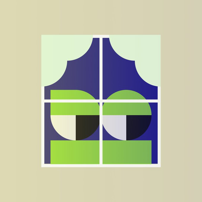 An abstract geometric artwork featuring symmetrical shapes in dark blue, green, and beige tones arranged in a window-like frame pattern.