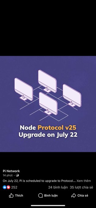 Pi Network YouTube Shorts thumbnail announcing 'Node Protocol v25 Upgrade on July 22' with an illustration of connected computer monitors on a purple background.