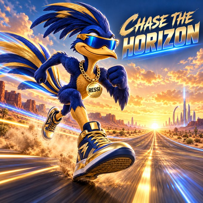 A blue and gold roadrunner character sprints down a sunlit desert highway toward a futuristic city skyline, wearing reflective blue sunglasses, a gold chain with a "RESSI" medallion, and matching gold-and-blue sneakers that kick up dust as blue and gold motion streaks trail behind, embodying the post's "Chase the Horizon" message of outpacing trends and stepping boldly into the "Fast Lane."
