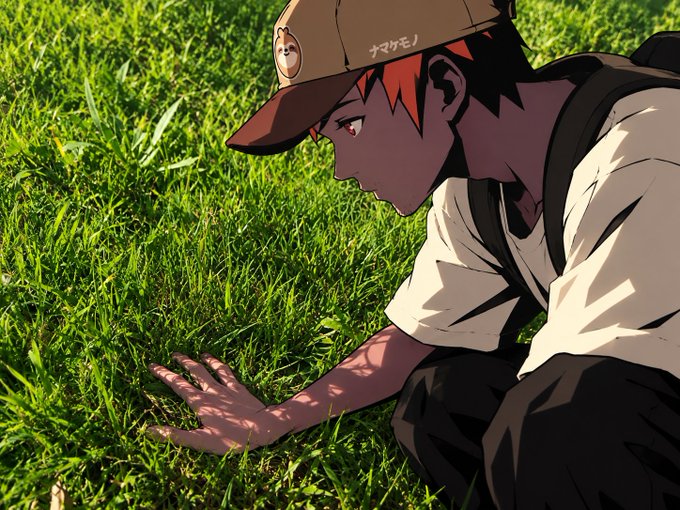 An anime-style illustration shows a dark-skinned character with red hair and a cap crouching down to touch green grass.
